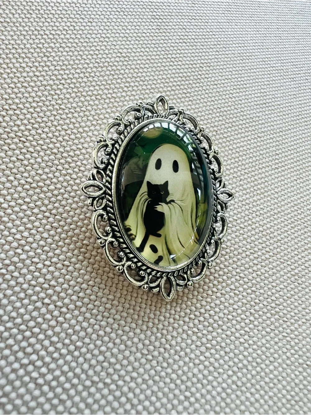 Ghost & Black Cat Cameo Brooch - 1950s Vibes